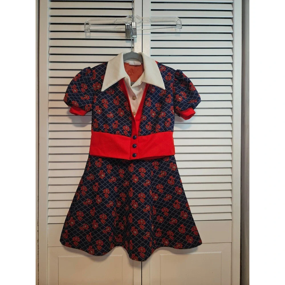 Vintage 70s Girls Navy Red Floral Trellis Dress Short Puff Sleeve Faux Vest 52